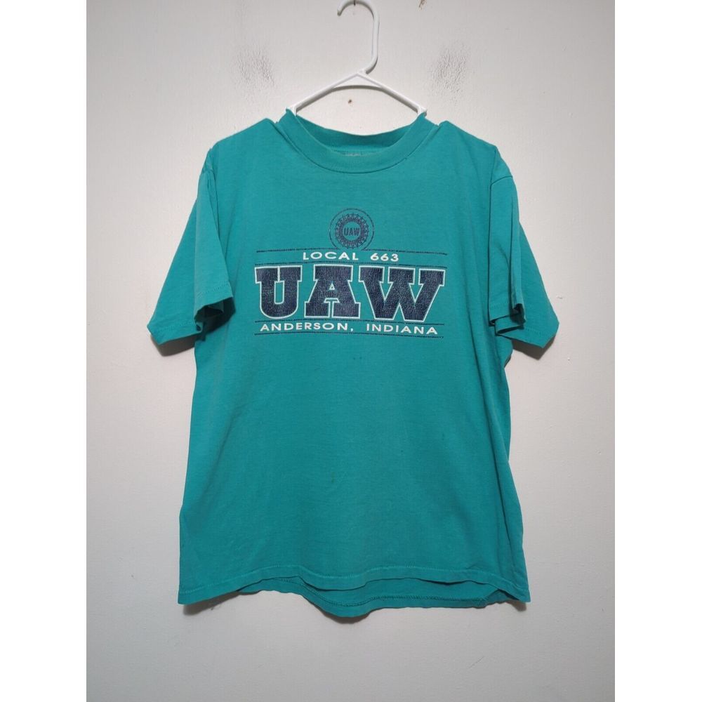 Vintage Oneita UAW Local 663 Anderson Indiana Teal Single Stitch T-Shirt Mens‎ L